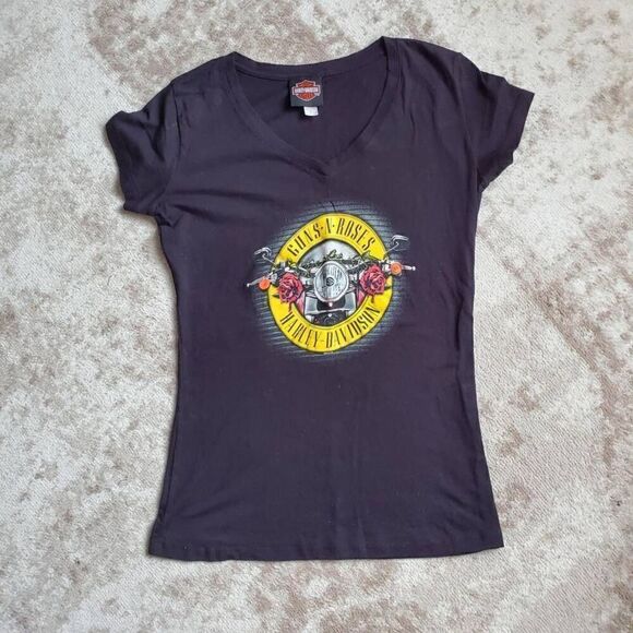 Harley-Davidson Guns And Roses South Bend Black Tshirt Womens SZ L - Picture 1 of 6